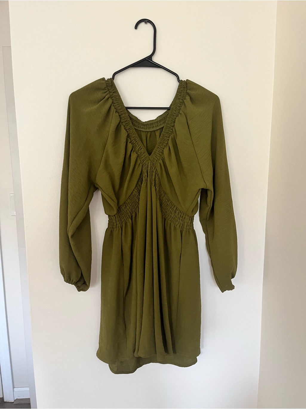 Olive Green Long Sleeve Smocked Waist Dress